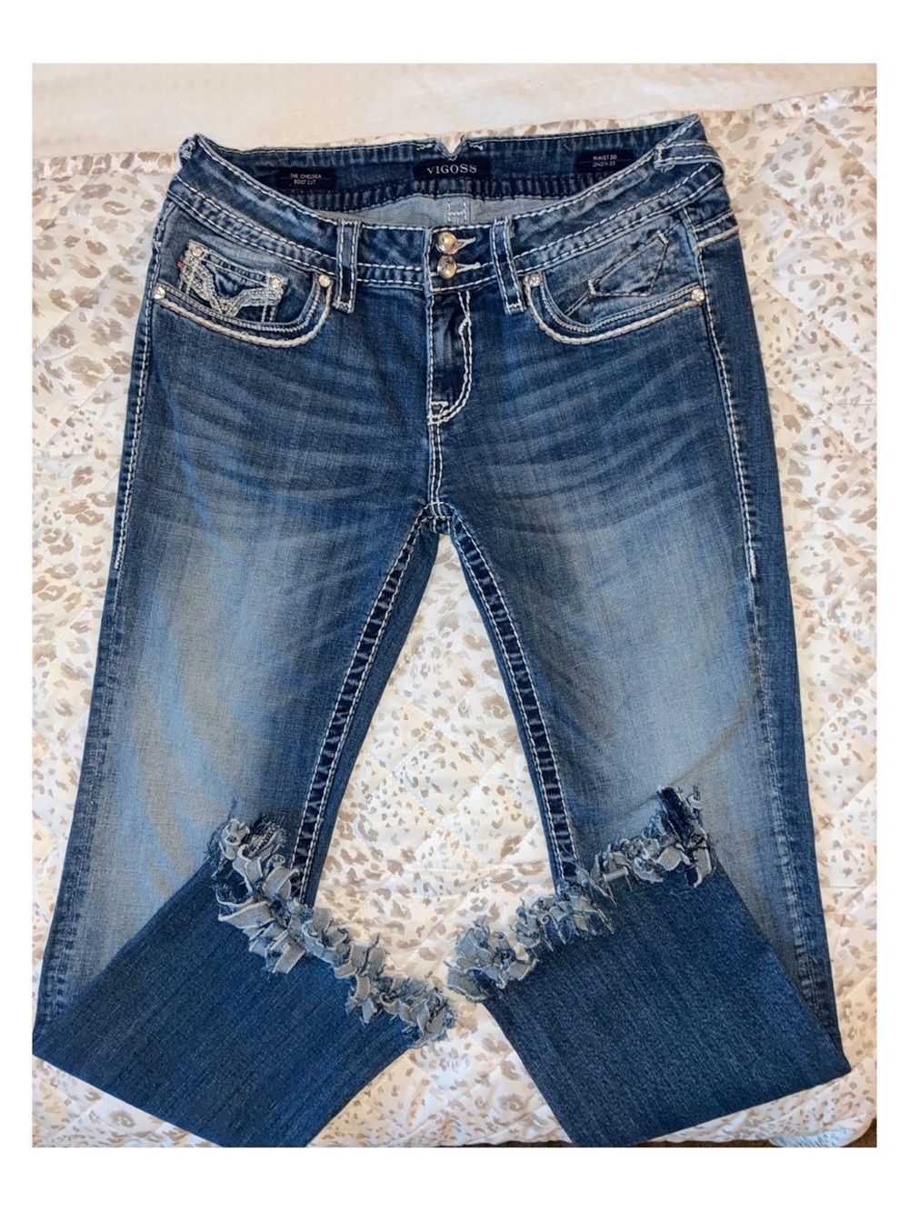 Vigoss Women's Distressed Boot Cut Jeans in Medium Blue with Ruffle Hem